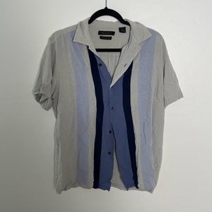 Striped Button Pin Bowling Vintage Modern Trendy Hip Artsy Art Silk Blouse Top